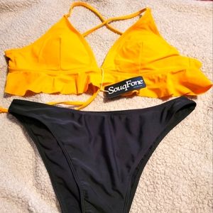 Yellow bikini top & black high waist bottoms. Size XL.
